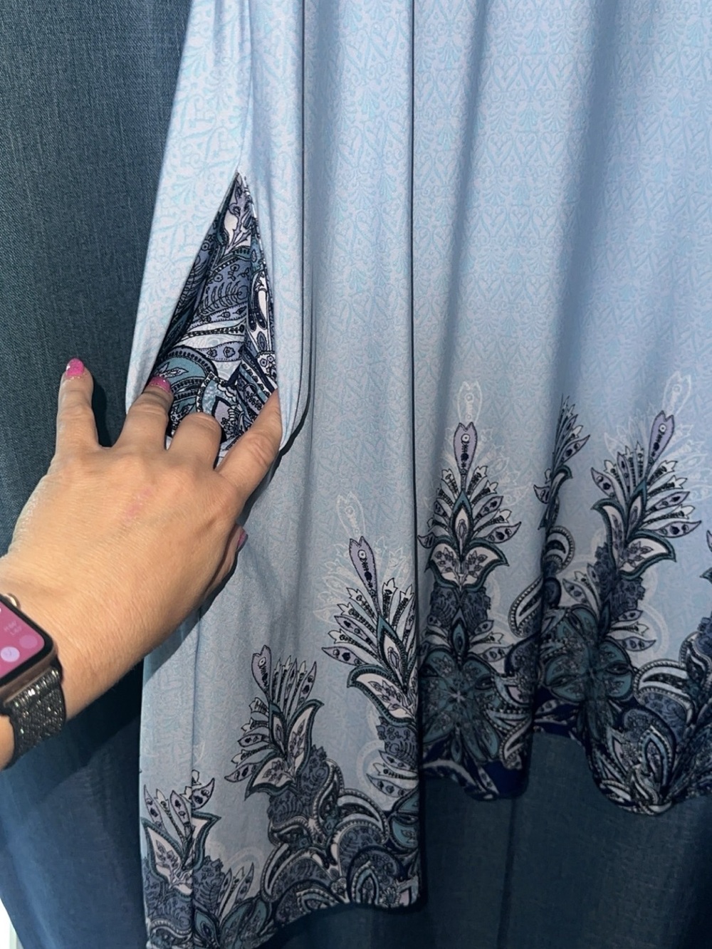 LuLaRoe Light Blue Midi Dress with Navy Teal Border Print - Picture 2 of 3